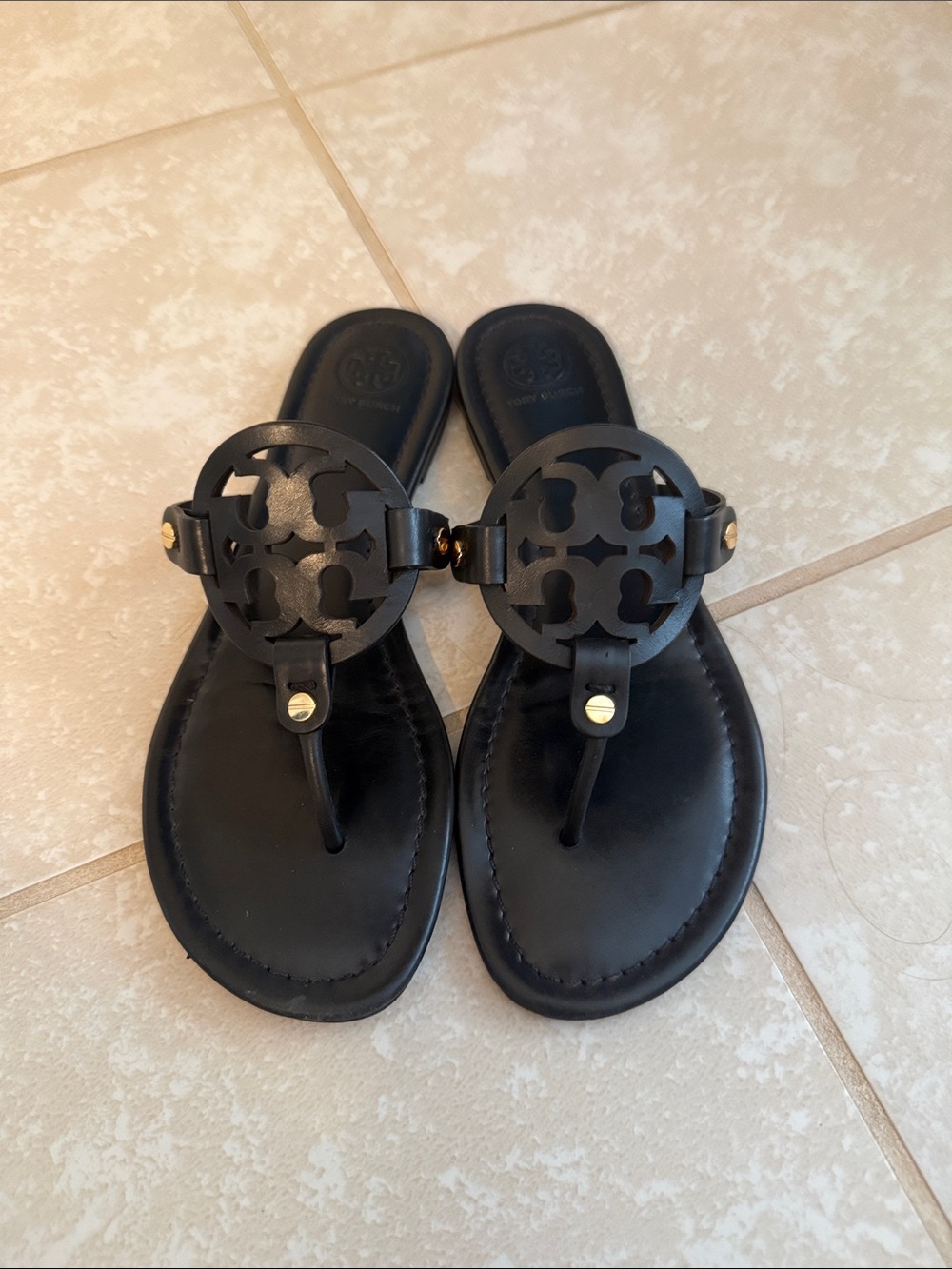 Tory Burch Miller Black Leather Logo Sandals